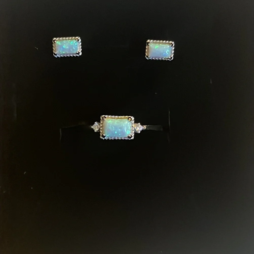 🌟HP🌟New 925 Sterling Silver Jewelry Set Natural Opal Ring & Earrings size7 - Picture 7 of 15